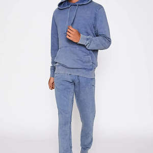 Ensemble de survêtement bleu pour homme en molleton de coton, sweat à capuche et pantalon de jogging fuselé, tenue de sport décontractée - Product Image 1