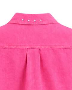 Veste en jean courte rose personnalisée pour femme avec empiècement orné de strass, boutonnée, manches longues, style streetwear décontracté - Product Image 6