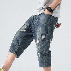 Pantalon Capri Rétro en Jean pour Homme – Short en Jean Tricoté Extensible Effet Vieilli Coupe Ample pour Homme - Product Image 5
