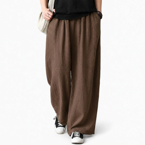 2026 New Simple Solid Color Mid Waist Breathable <b>Trouser</b> Fleece Loose Wide-Leg <b>Drawstring</b> Closure Linen Front Casual <b>Trousers</b> - Product Image 1