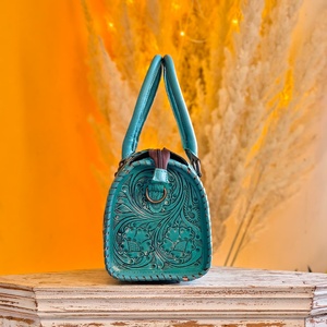 Sky Blue Color 100% Genuine <b>Leather</b> Mini Size Speedy Duffle Bag With <b>Tooled</b> Floral Carved Vintage Overnight Weekender Travel Bag - Product Image 4