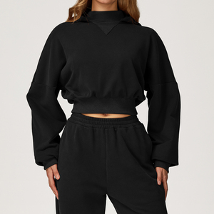 Sweat-shirt à capuche court en tricot marron pour femme, manches longues, coupe ample, vêtements de sport pour la course à pied et le fitness - Product Image 2