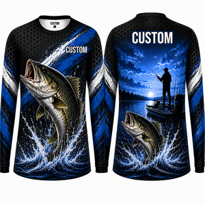 เสื้อตกปลาผู้ชายแบบสั่งทำ OEM ODM แขนยาว UPF 50 ป้องกันรังสียูวี โพลีเอสเตอร์ พิมพ์ลายสีน้ำเงินดำ สำหรับใส่กิจกรรมกลางแจ้ง - Product Image 1