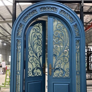 Royal Luxury Modern Wrought Iron Water Resistant Entry Door Geometric Glass Panels Arched Design <b>Swing</b> Style Exterior Door - Product Image 3