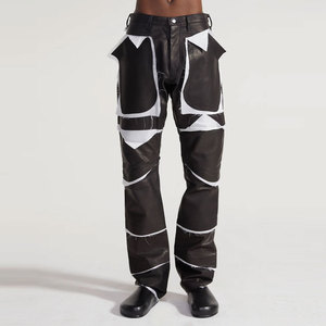 Pantalon en cuir noir léger de qualité supérieure avec empiècements blancs, style motard, détails déchirés et usés - Product Image 6