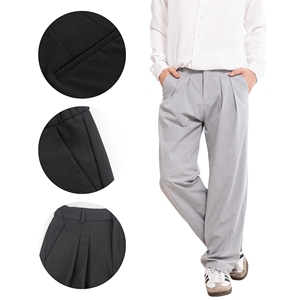 Pantalon habillé plissé pour homme, taille haute, coupe droite, infroissable, en polyester tissé, gris, pour l'automne - Product Image 1