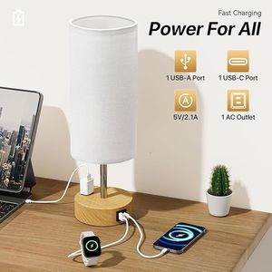 Lampada da Tavolo in Lino Dimmerabile a 3 Livelli con Porte di Ricarica USB A+C, Piccola Lampada da Comodino con Controllo Touch e Presa AC - Product Image 5
