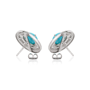 Nouvelle collection tendance de boucles d'oreilles à clous en or blanc 14 carats, avec turquoise taille cabochon et diamants ronds en double grappe, fabriquées à la main - Product Image 6
