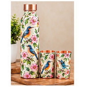 Ensemble de bouteilles d'eau en cuivre doré de luxe avec motif floral, motif noir et rouge, vaisselle portable pour la maison - Product Image 2