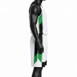 Ensemble de maillots de basket-ball personnalisés pour hommes, blanc, vert, noir, sublimé, col en V, manches courtes, évacuation de l'humidité, coupe régulière, logo sur le devant - Product Image 2
