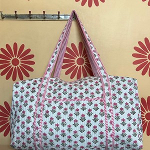 Indian Handmade Luxury Lightweight Block Print Quilted Cotton Duffle <b>Bag</b> Pink Floral Cotton <b>Duffel</b> <b>Bag</b> with Striped - Product Image 2