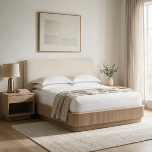 Lit plateforme moderne en bois massif avec tête de lit capitonnée et panneau en tissu, cadre de lit, mobilier de chambre - Product Image 1