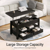 Table basse relevable en bois de style nordique minimaliste moderne avec rangement dissimulé et étagère latérale ouverte, écologique et durable pour salon
