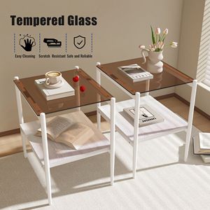 Set di 2 tavolini con piano in vetro temperato, comodino compatto con ripiano in MDF e gambe robuste in ferro - Product Image 1