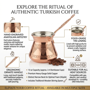 Cafetera Turca Cezve de Cobre Puro con Grabado Artesanal de Encaje Triangular, Estilo Bulboso para Estufa, Briki Griega con Larga Asa Metálica Plana - Product Image 2