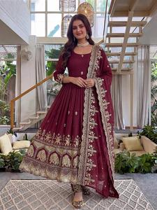 ชุดเดรส Anarkali ปักลายแบบดั้งเดิมของอินเดียล่าสุด พร้อมผ้าคลุมไหล่ สำหรับงานแต่งงาน ชุดออกงานสำหรับผู้หญิง ดีไซน์หรูหรา กระชับรูปร่าง - Product Image 5