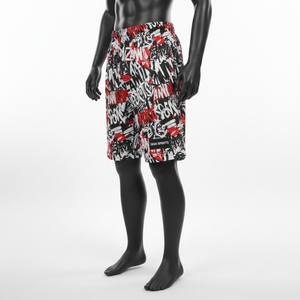 กางเกงว่ายน้ำผ้าโพลีเอสเตอร์เนื้อนุ่ม ระบายอากาศได้ดี สีแดง ดำ ขาว ลายสตรีท พิมพ์ลายแบบซับลิเมชั่น ปักโลโก้แบบทอตามสั่ง กางเกงขาสั้นตาข่ายสำหรับผู้ชาย - Product Image 1