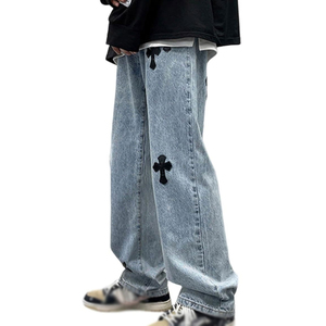 Pantalones Cargo de Mezclilla Azul Claro para Hombre, Corte Holgado, Bolsillos, Estilo Urbano, Hip Hop, Casual, Lavado Desgastado - Product Image 1