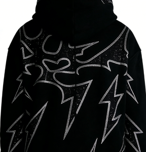 Sudadera con capucha negra para hombre con cremallera, estampado de rayo brillante, estilo urbano, corte regular, felpa francesa, 100% poliéster, otoño - Product Image 3