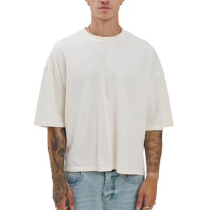 Men's Oversized <b>Cream</b> Cotton <b>T</b>-<b>Shirt</b> Short Sleeve O-Neck Casual Plain Jersey Fit Solid Color Knitted Streetwear Style - Product Image 1