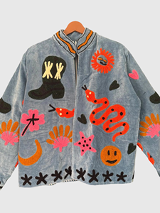 Veste en polaire brodée à la main, col mandarin, manches longues, grande taille, vêtements d'automne pour femmes, design patchwork appliqué - Product Image 1