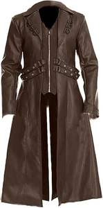 Manteau long en cuir noir pour homme avec fourrure, style trench-coat, boutonné, idéal pour l'hiver - Product Image 2
