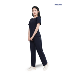 Conjunto de Uniforme Médico para Mujer, Cuello en V, Color Azul Marino, Manga Corta, Tejido de Algodón y Poliéster, Incluye Pantalones - Product Image 1