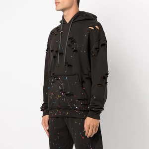 Men's Black Distressed Hoodie Oversized Cut Out Design <b>Spray</b> Painted Streetwear Knitted Cotton Distressed Hoodies - Product Image 4