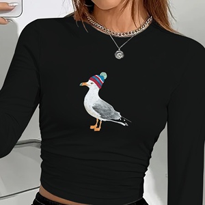 เสื้อครอปแขนยาวพิมพ์ลาย Y2K แฟชั่นสำหรับผู้หญิง ลายนกนางนวลพร้อมหมวกบีนนี่ - Product Image 3