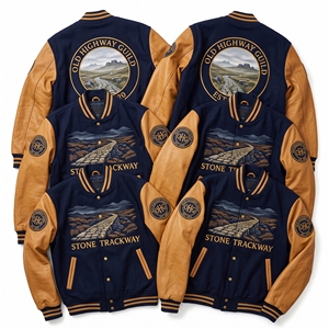 Chaqueta Letterman al por mayor, abrigo universitario de lana azul marino, bordado Old Highway Guild, mangas de cuero marrón claro, estilo bomber. - Product Image 1