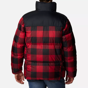 Men's Red Black Plaid Canvas Puffer Jacket Hooded Stand Collar Zipper Closure Windproof Casual Winter Thick Polyester Front - Product Image 2
