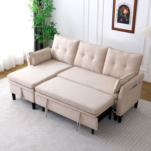Canapé d'angle réversible en forme de L avec rangement, en coton et lin beige, pour bureaux et chambres d'appartement - Product Image 6