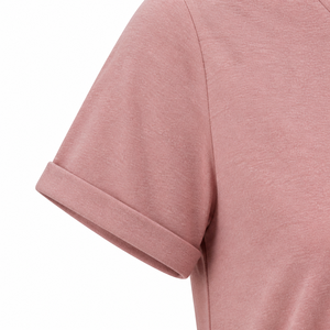 <b>Women's</b> Dusty Rose <b>Rolled</b> Sleeve Crew <b>Neck</b> T Shirt in Melange Cotton Jersey Short Sleeve Casual Top - Product Image 5
