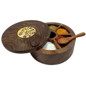 Wooden Round Spice <b>Box</b> With Divided Compartments <b>Floral</b> Inlay Carved Lid Traditional Design For Kitchen Storage - Product Image 6