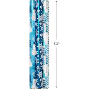 Carta da Regalo Natalizia Blu con Linee Ritorte, 3 Rotoli, 60 Metri Quadrati Forniture per le festività: pupazzi di neve e alberi di Natale (set completo) - Product Image 3