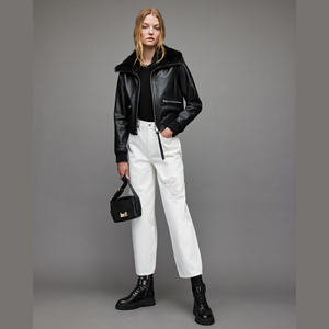 Veste courte en cuir réversible imperméable pour femmes, avec fermeture éclair respirante chauffante et col rabattable, vestes en cuir pour femmes - Product Image 1