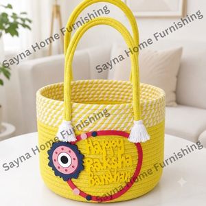 Panier tissé en coton blanc et violet écologique traditionnel avec décoration Joyeux Raksha Bandhan - Product Image 2