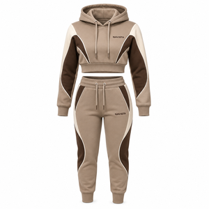 Winter Solid Crop <b>Top</b> Women 2 Piece Hoodies Jogger Set 100% Cotton Thick 360gsm Rhinestone Embroidery Fleece Streetwear Zipper - Product Image 2