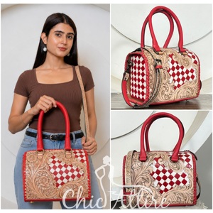 Newly Personalized 2026 <b>Tooled</b> Cow <b>Leather</b> Speedy Bag Red & White Checkered Medium 11" Western Cowgirl Handbag Crossbody Duffel - Product Image 1