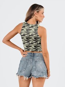 Haut court imprimé camouflage pour femmes, sans manches, col rond, tricoté, décontracté, mode printemps-été - Product Image 5
