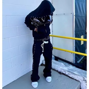 Rhinestone Flare Sweatpants and Hoodie <b>Set</b> OEM Custom Manufacturer Double Waisted Baggy Stacked Pants Sweat Suit Zip up - Product Image 4