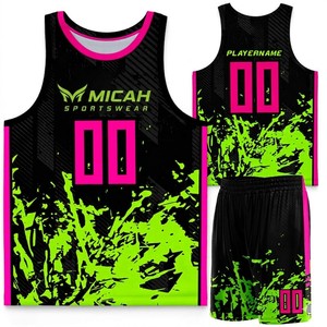 Maillot de basketball réversible personnalisé Micah Sportswear, débardeur sans manches en mesh sublimé, imprimé vert fluo et rose, pour adultes, 100% coton - Product Image 1