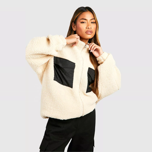 Sweat à capuche oversize en polaire sherpa pour femme avec fermeture éclair, broderie personnalisée, respirant, 100% polyester pour l'hiver - Product Image 1