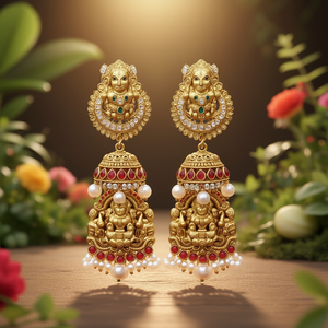 Temple Style Heavy Work Lakshmi <b>Bridal</b> <b>Jewelry</b> <b>Set</b> with Gold Plated Pearl Earrings - Product Image 3