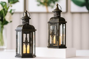 Juego de 2 Faroles de Metal Negro de Diseño, Ideales para Decoración de Mesa Auxiliar, Sala de Estar, Balcón y Jardín, Estilo Indio - Product Image 6