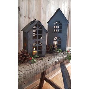 Vintage Zinc House Candle Holder <b>Set</b> Rustic Metal Tealight <b>Lantern</b> Farmhouse Decorative Tabletop Christmas Village Decor - Product Image 1