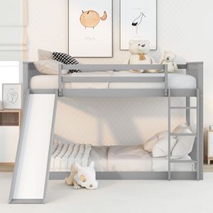 Full Over Full Bunk <b>Bed</b> <b>with</b> <b>Slide</b> and Ladder in Grey Color for Kids - Product Image 2