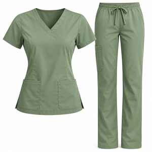 Slate <b>Blue</b> <b>Womens</b> Medical Scrub Set V Neck Short Sleeve Pocket Top Drawstring Straight Leg <b>Trousers</b> Nursing Uniform Clinic Wear - Product Image 6