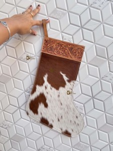 Cowhide Leather Christmas Stocking For Family Hand Tooled Christmas <b>Tree</b> Fireplace Hanging and Party Decoration Gift <b>Bag</b> - Product Image 1