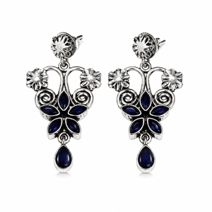 Wholesale <b>Oxidized</b> Silver Alloy Sapphire Bezel Set Dangle Trendy Drop Earrings from Rajasthan Women's Gift Bulk Supplier - Product Image 1